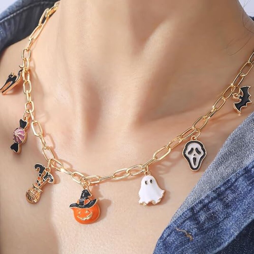 Halloween Pumpkin Cat Ghost Skull Gold Charm Necklace